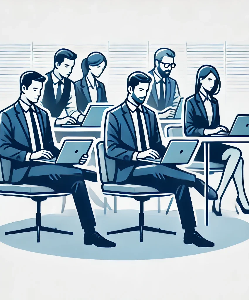 A group of six business professionals sitting in an office or conference room setting, each focused on their laptops. They are all dressed in formal attire, including suits and blazers. The individuals are seated at desks, typing and concentrating on their work, giving a sense of a focused, professional environment. The background features horizontal blinds, and the atmosphere is calm, with everyone engaged in a task or meeting. The overall tone of the scene conveys productivity and collaboration in a business context