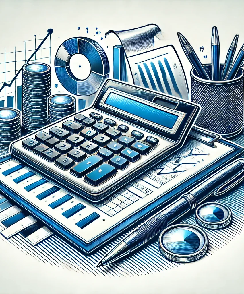 A detailed illustration of various accounting tools, including a large calculator placed on top of a financial document with charts and graphs. Surrounding the calculator are stacks of coins, a pen, and magnifying glasses, symbolizing financial analysis. In the background, a roll of printed receipts and a pie chart are visible, along with bar graphs and line charts representing data trends. A cup holding several pens is positioned to the right, emphasizing a workspace focused on finance and accounting. The color scheme uses shades of blue and metallic tones, giving the scene a professional and analytical feel.