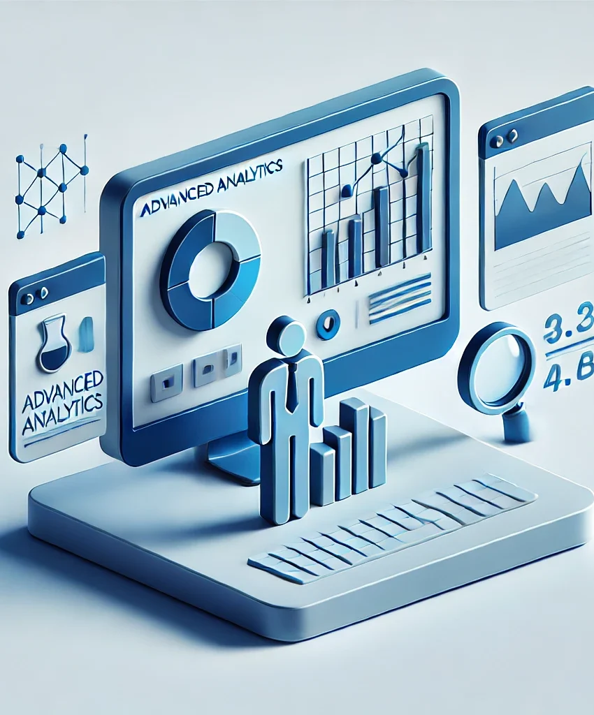 A 3D illustration depicting advanced data analytics. The central focus is a large computer screen displaying various analytical charts, including a bar graph, a pie chart, and a line graph. A figure of a person stands in front of the screen, next to three ascending bars, symbolizing growth or data insight. Additional graphs and magnifying tools are displayed on adjacent screens, all labeled "Advanced Analytics." The design uses a cool blue color palette and geometric shapes, emphasizing a high-tech and data-driven environment for business intelligence or analytics work.