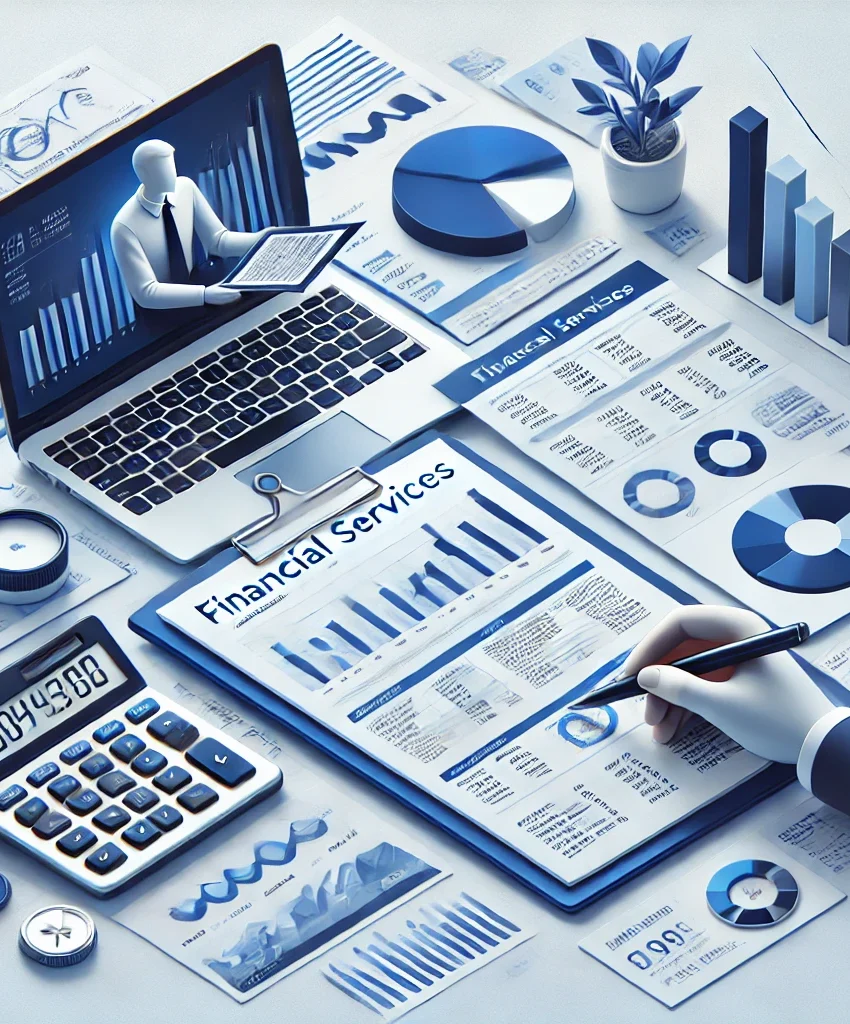 A detailed 3D illustration showcasing various tools and documents related to financial services. In the center is a clipboard with a report labeled "Financial Services" displaying bar charts and financial data. Surrounding it are numerous documents, charts, and graphs, including pie charts, bar graphs, and line charts, representing different aspects of financial analysis. A hand holding a pen is seen highlighting a section of the report. A calculator, a magnifying glass, and a laptop with a figure giving a presentation on financial data add to the theme of professional financial analysis and consultation. A small potted plant adds a touch of decoration to the workspace. The color scheme is primarily blue and white, giving a clean, modern feel