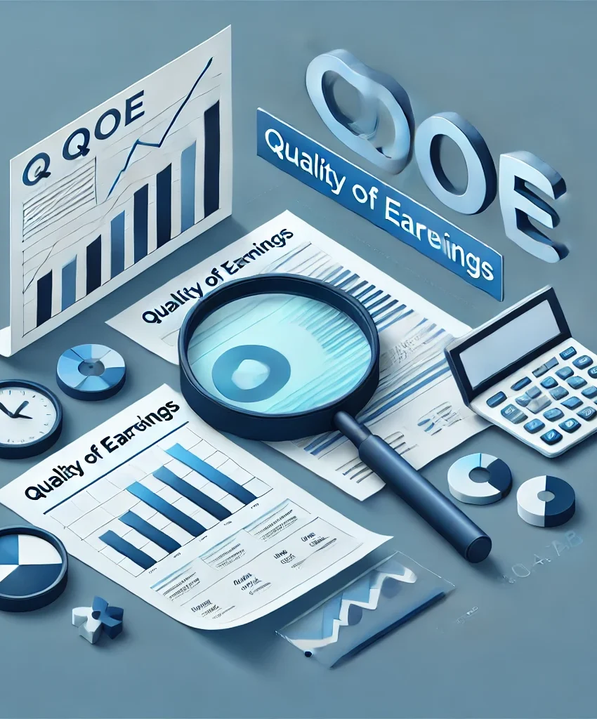 A 3D illustration focusing on "Quality of Earnings" (QOE) analysis. Various financial documents, charts, and tools are displayed across the workspace. Prominent bar charts, pie charts, and line graphs are labeled with "Quality of Earnings," reflecting financial performance. A large magnifying glass is placed over one document, symbolizing in-depth analysis. Additional tools, including a calculator, circular charts, and clock, emphasize financial scrutiny and time management. The color scheme, primarily blue and gray, conveys a professional and analytical atmosphere, suitable for assessing the accuracy and quality of earnings in a financial context