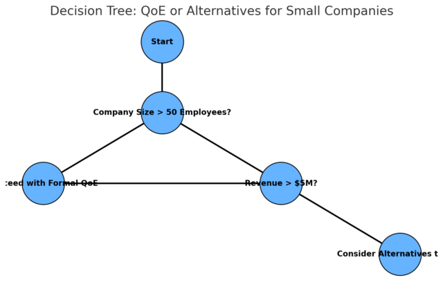 A decision tree flowchart helping buyers determine whether to proceed with a formal QoE or use alternatives to QoE for small companies.