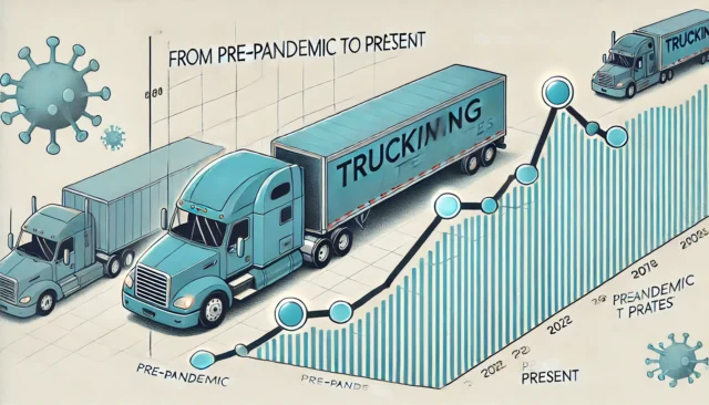 A graph showing the rise and fall of trucking rates from pre-pandemic to present, with a parallel line showing the increase in operational costs