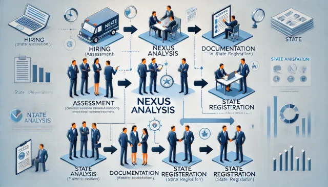 How To Simplify Payroll For Remote Employees: A visual flowchart showing the nexus analysis process from hiring to state registration