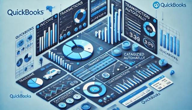 illustration of a QuickBooks style dashboard. The visual highlights income vs. expenses showing clearly different